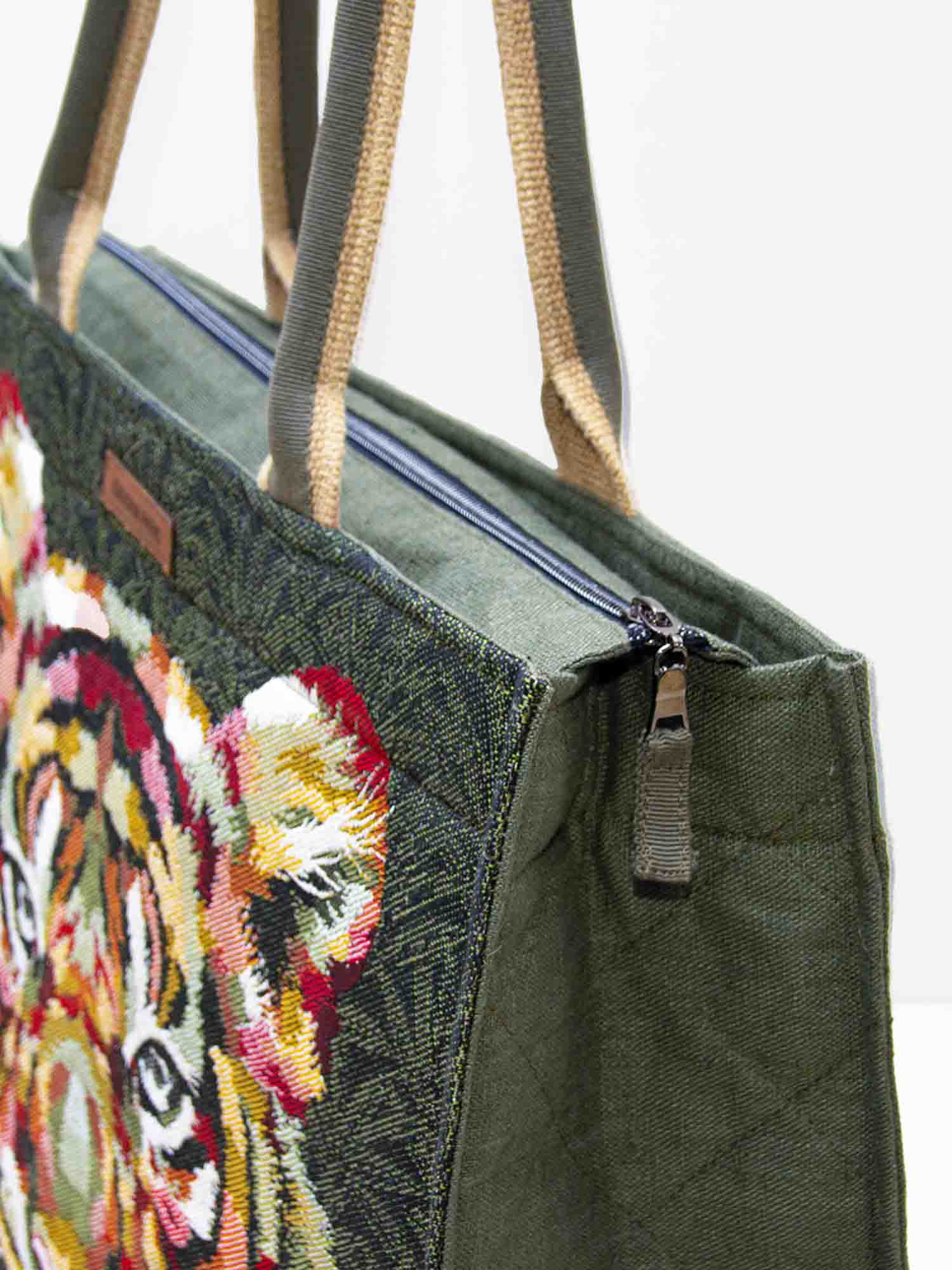 Sac main cabas grande taille en lin enduit et jacquard imperm able